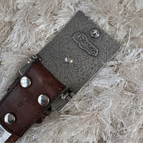 Nocona Turquoise Inlay Silver Cross Brown Leather Belt - Picture 4 of 8